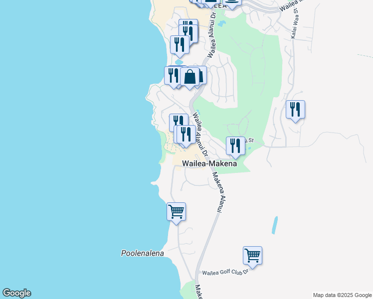 map of restaurants, bars, coffee shops, grocery stores, and more near 4100 Wailea Alanui Drive in Wailea-Makena
