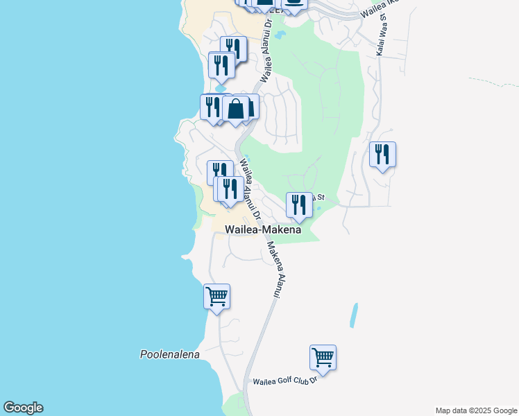 map of restaurants, bars, coffee shops, grocery stores, and more near 185 Holokahiki Lane in Wailea-Makena