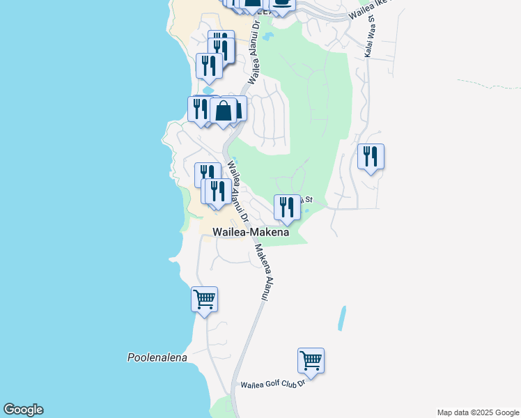 map of restaurants, bars, coffee shops, grocery stores, and more near 208 Holomoana Way in Wailea-Makena