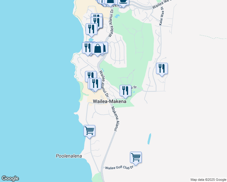 map of restaurants, bars, coffee shops, grocery stores, and more near 184 Holomoana Way in Wailea-Makena