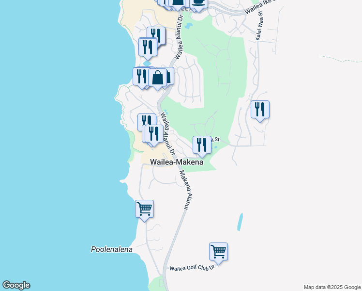 map of restaurants, bars, coffee shops, grocery stores, and more near 184 Holomoana Way in Wailea-Makena