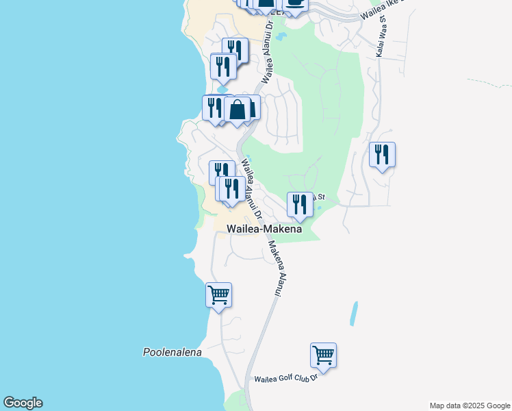 map of restaurants, bars, coffee shops, grocery stores, and more near 161 Holomoana Way in Wailea-Makena