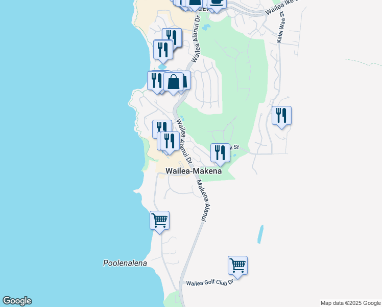 map of restaurants, bars, coffee shops, grocery stores, and more near 173 Holokahiki Lane in Wailea-Makena