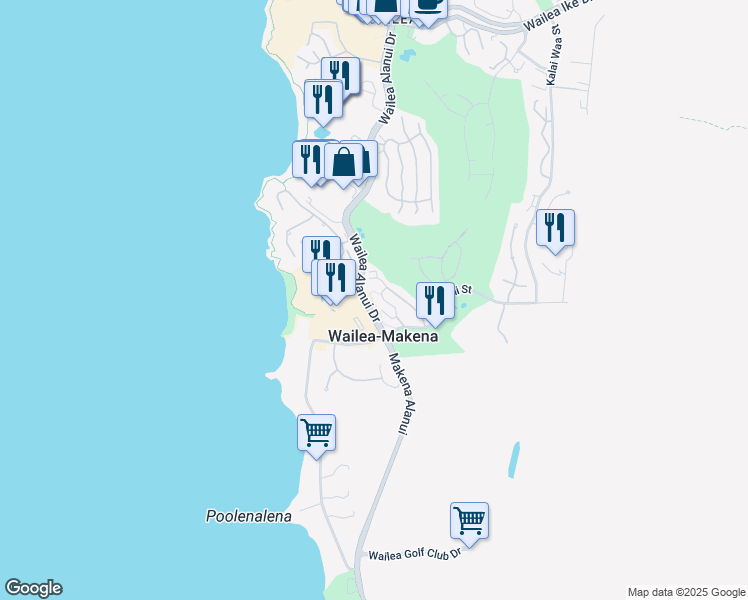 map of restaurants, bars, coffee shops, grocery stores, and more near 209 Holokahiki Lane in Wailea-Makena