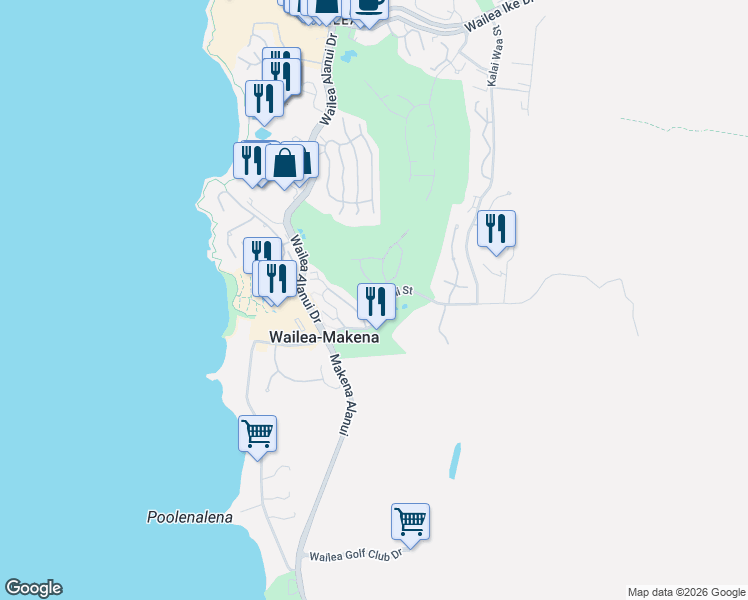 map of restaurants, bars, coffee shops, grocery stores, and more near 4362 Waiola Street in Kihei