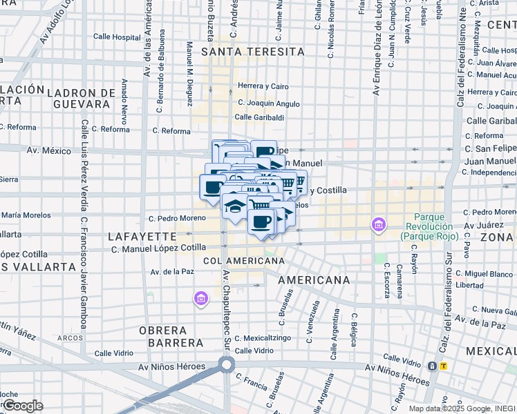 map of restaurants, bars, coffee shops, grocery stores, and more near 1505 Morelos in Guadalajara