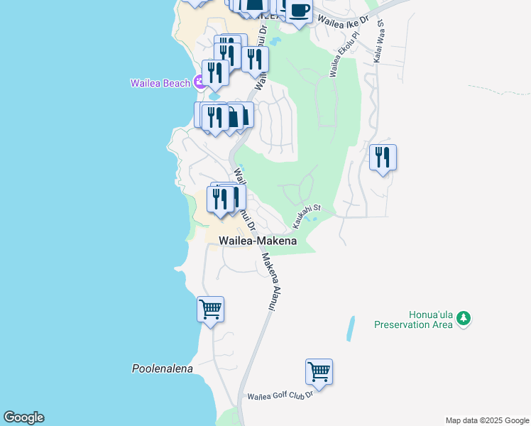 map of restaurants, bars, coffee shops, grocery stores, and more near 196 Holomoana Way in Wailea-Makena