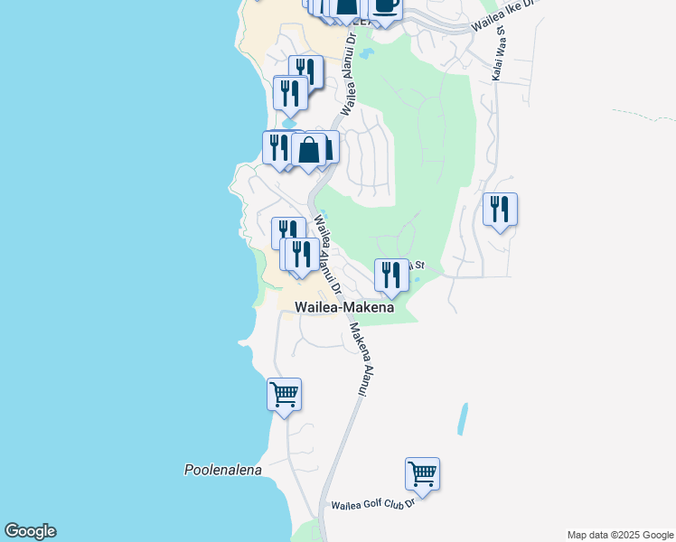 map of restaurants, bars, coffee shops, grocery stores, and more near 185 Holokahiki Lane in Wailea-Makena
