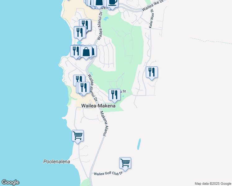 map of restaurants, bars, coffee shops, grocery stores, and more near 4378 Waiola Street in Kihei