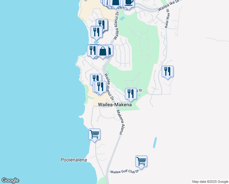 map of restaurants, bars, coffee shops, grocery stores, and more near 173 Holokahiki Lane in Wailea-Makena