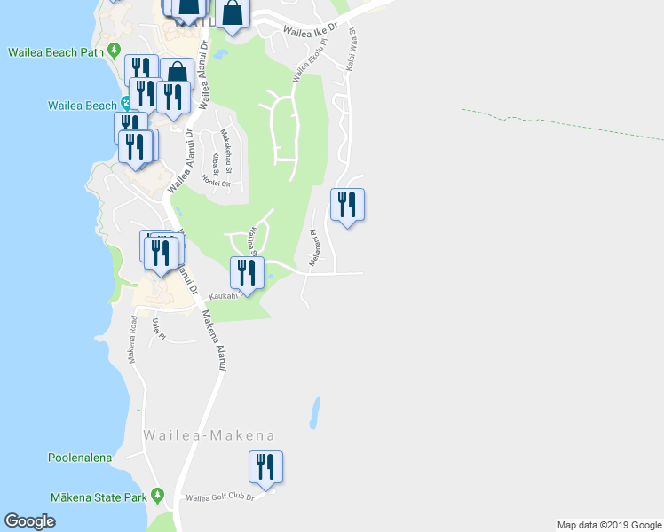 map of restaurants, bars, coffee shops, grocery stores, and more near 292 Akaula Way in Kihei