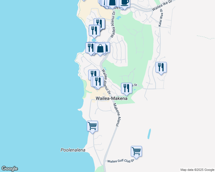 map of restaurants, bars, coffee shops, grocery stores, and more near 209 Holokahiki Lane in Wailea-Makena