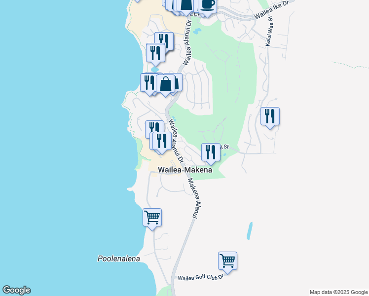 map of restaurants, bars, coffee shops, grocery stores, and more near 173 Holokahiki Lane in Wailea-Makena