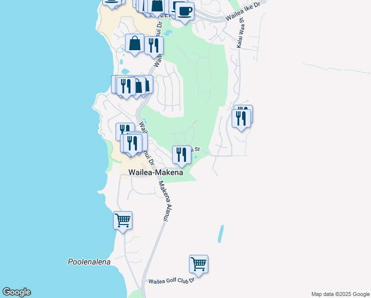 map of restaurants, bars, coffee shops, grocery stores, and more near 4378 Waiola Street in Kihei