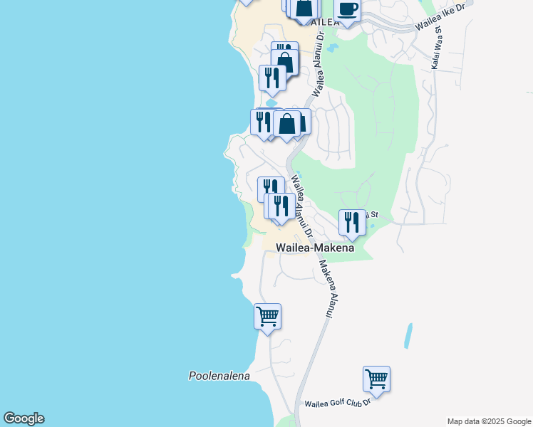 map of restaurants, bars, coffee shops, grocery stores, and more near 4100 Wailea Alanui Drive in Wailea-Makena