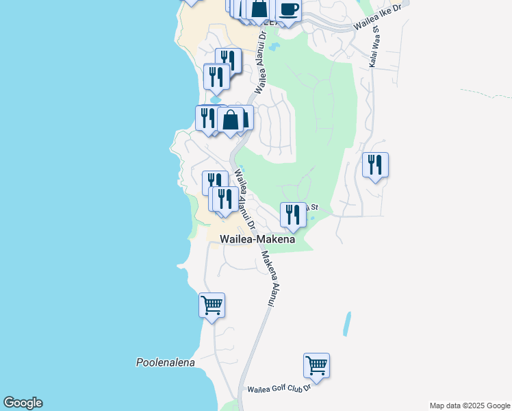 map of restaurants, bars, coffee shops, grocery stores, and more near 173 Holokahiki Lane in Wailea-Makena