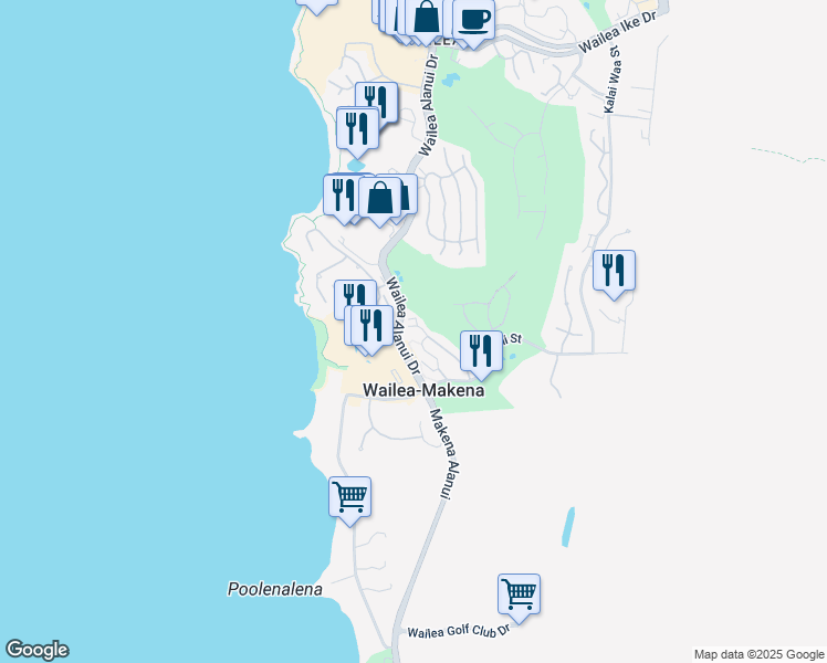 map of restaurants, bars, coffee shops, grocery stores, and more near 185 Holokahiki Lane in Wailea-Makena