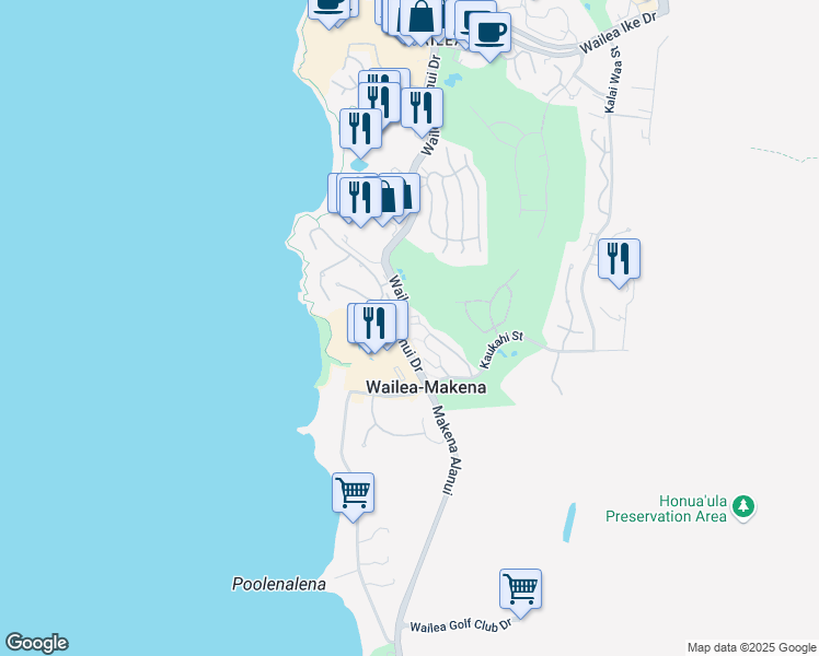 map of restaurants, bars, coffee shops, grocery stores, and more near 197 Holokahiki Lane in Wailea-Makena