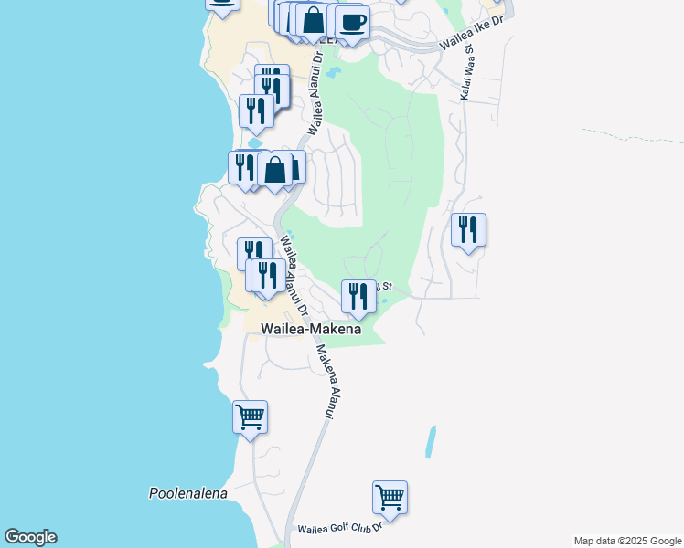 map of restaurants, bars, coffee shops, grocery stores, and more near 4342 Waiola Street in Kihei