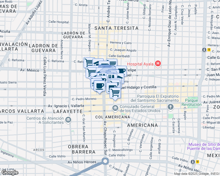 map of restaurants, bars, coffee shops, grocery stores, and more near 1291 Avenida Hidalgo in Guadalajara