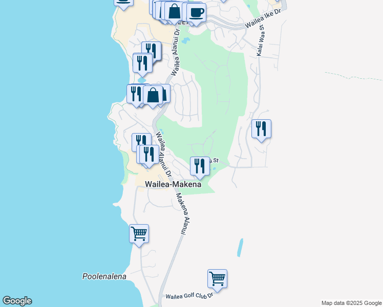 map of restaurants, bars, coffee shops, grocery stores, and more near 4342 Waiola Street in Kihei