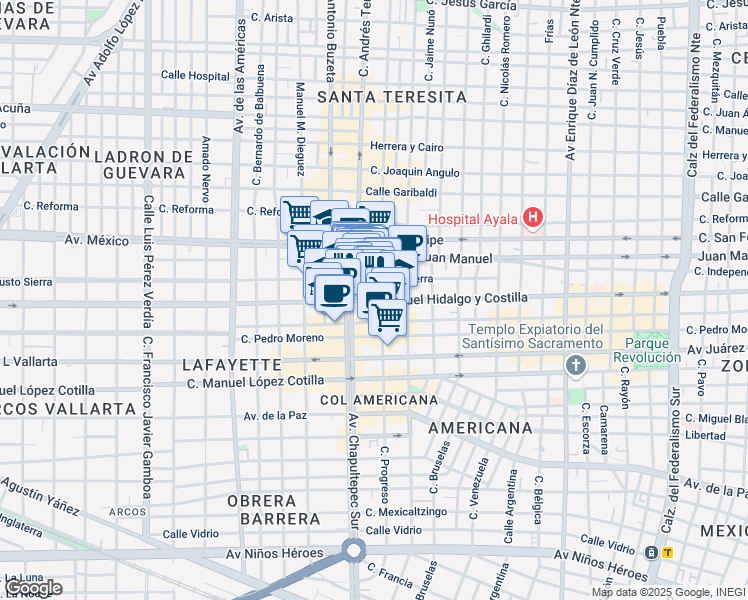 map of restaurants, bars, coffee shops, grocery stores, and more near 1291 Avenida Hidalgo in Guadalajara
