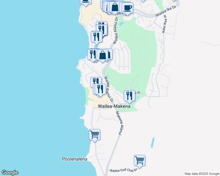 map of restaurants, bars, coffee shops, grocery stores, and more near 197 Holokahiki Lane in Wailea-Makena