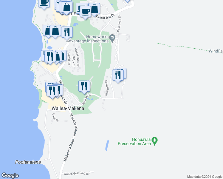 map of restaurants, bars, coffee shops, grocery stores, and more near 4355 Melianani Place in Kihei