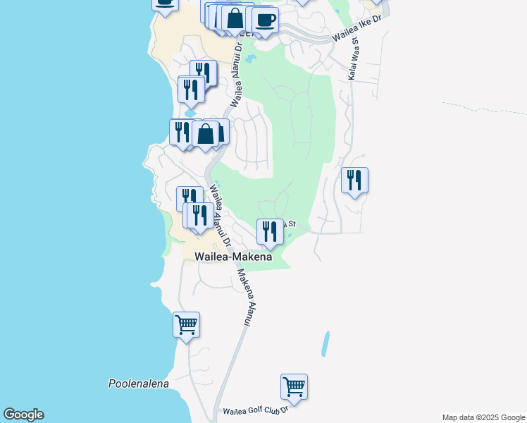 map of restaurants, bars, coffee shops, grocery stores, and more near 4337 Waiola Street in Kihei