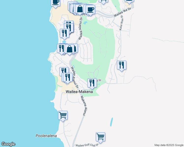map of restaurants, bars, coffee shops, grocery stores, and more near 147 Manalo Street in Kihei