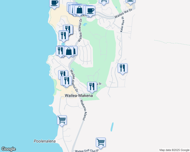 map of restaurants, bars, coffee shops, grocery stores, and more near 4341 Wailina Street in Kihei