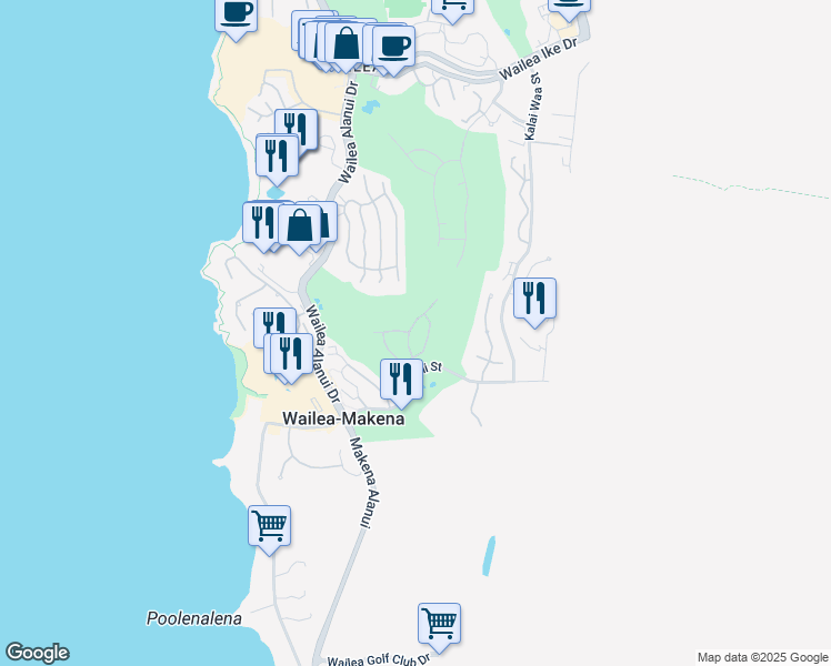 map of restaurants, bars, coffee shops, grocery stores, and more near 4341 Wailina Street in Kihei