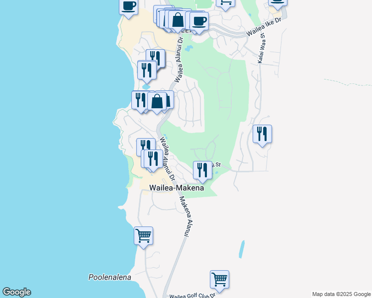 map of restaurants, bars, coffee shops, grocery stores, and more near 147 Manalo Street in Kihei