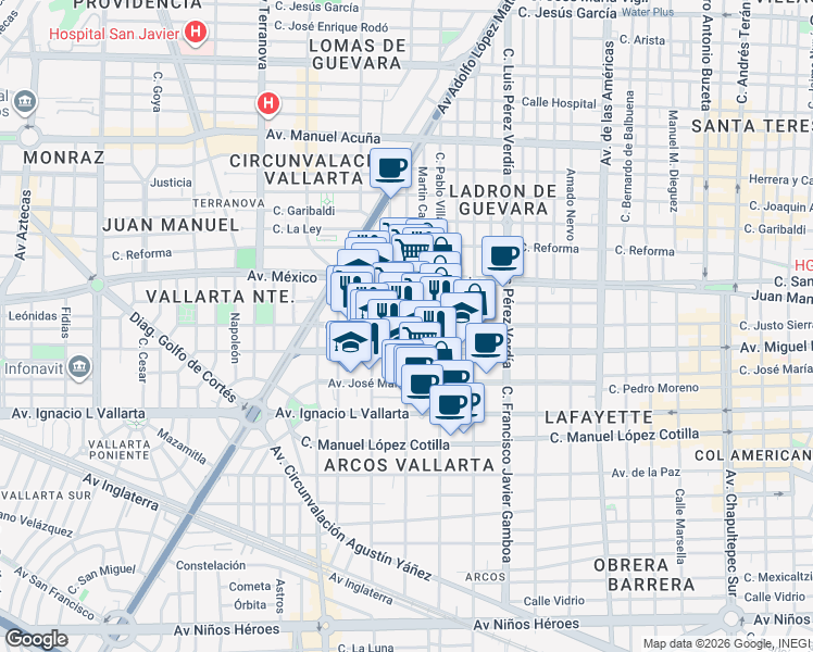 map of restaurants, bars, coffee shops, grocery stores, and more near Calle Justo Sierra in Guadalajara