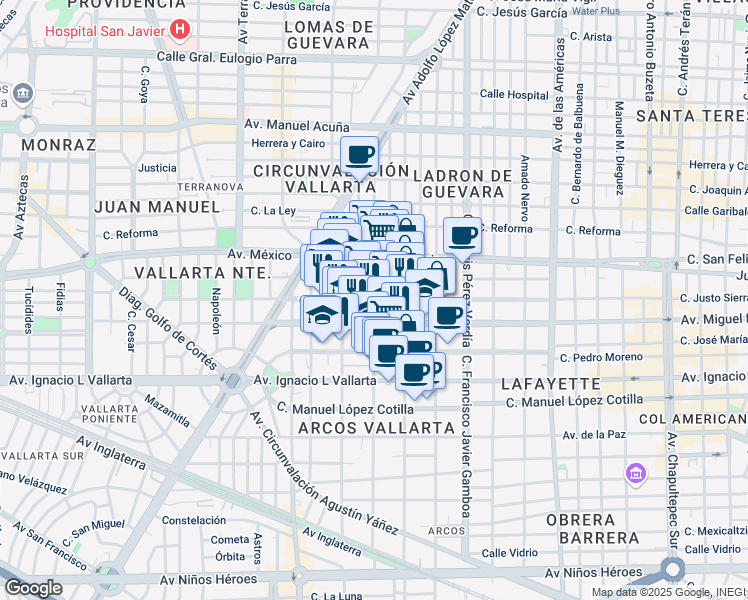 map of restaurants, bars, coffee shops, grocery stores, and more near Calle Justo Sierra in Guadalajara