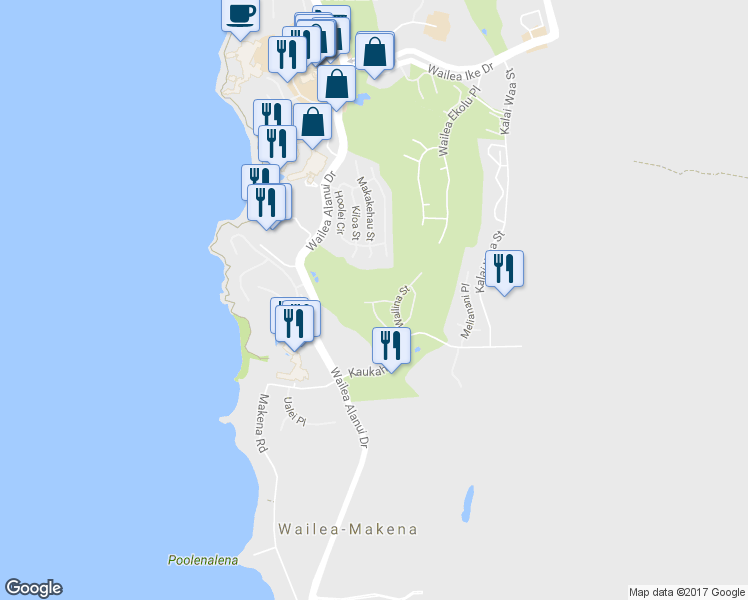 map of restaurants, bars, coffee shops, grocery stores, and more near 147 Manalo Street in Kihei