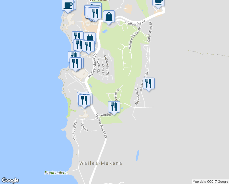 map of restaurants, bars, coffee shops, grocery stores, and more near 4334 Wailina Street in Kihei