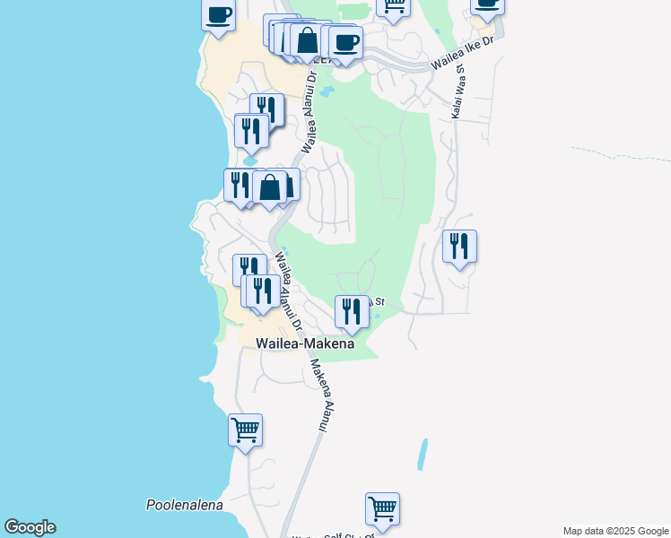 map of restaurants, bars, coffee shops, grocery stores, and more near 147 Manalo Street in Kihei
