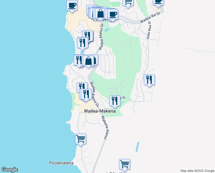 map of restaurants, bars, coffee shops, grocery stores, and more near 147 Manalo Street in Kihei