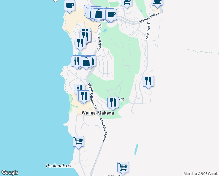 map of restaurants, bars, coffee shops, grocery stores, and more near 147 Manalo Street in Kihei