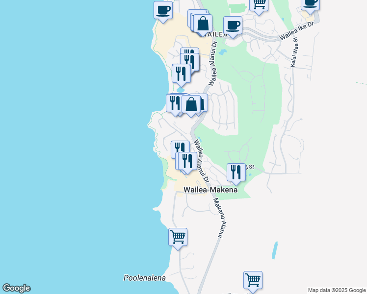map of restaurants, bars, coffee shops, grocery stores, and more near 4000 Wailea Alanui Drive in Kihei