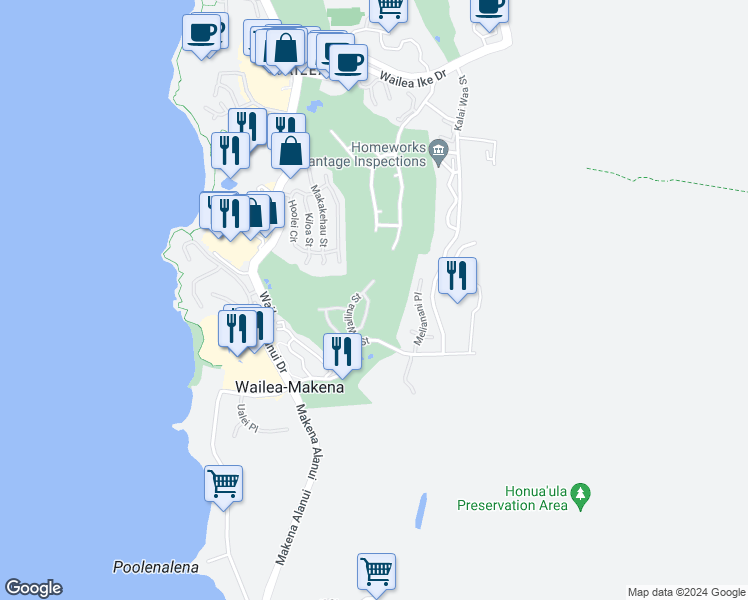 map of restaurants, bars, coffee shops, grocery stores, and more near 4325 Waiola Loop in Kihei