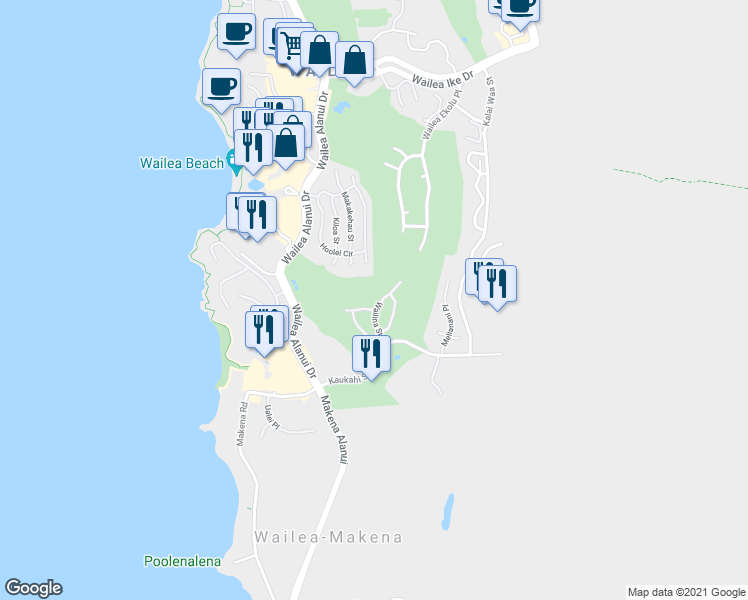 map of restaurants, bars, coffee shops, grocery stores, and more near 4324 Wailina Street in Kihei