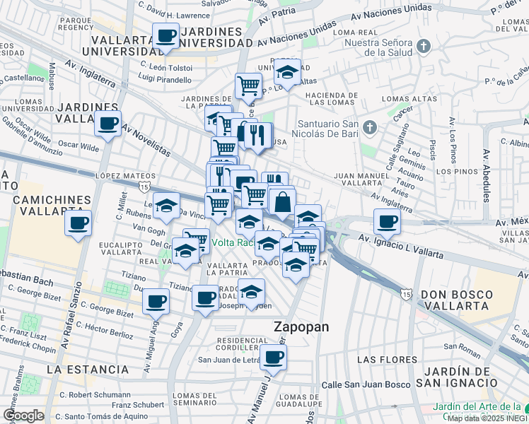 map of restaurants, bars, coffee shops, grocery stores, and more near 5145 Avenida Ignacio Luis Vallarta in Zapopan