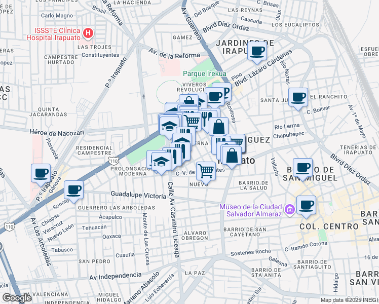 map of restaurants, bars, coffee shops, grocery stores, and more near 860 Andrés López in Irapuato