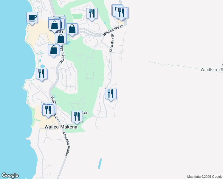 map of restaurants, bars, coffee shops, grocery stores, and more near 15 Halapa Place in Kihei