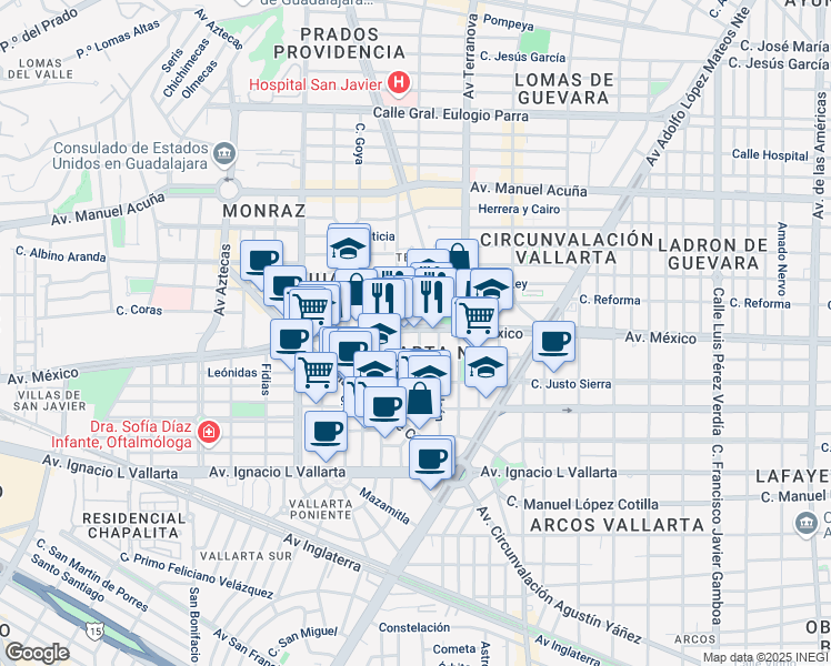 map of restaurants, bars, coffee shops, grocery stores, and more near 2891 Mexico in Guadalajara