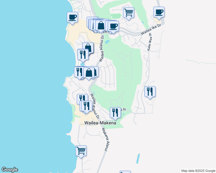 map of restaurants, bars, coffee shops, grocery stores, and more near 17 Makakehau Street in Kihei