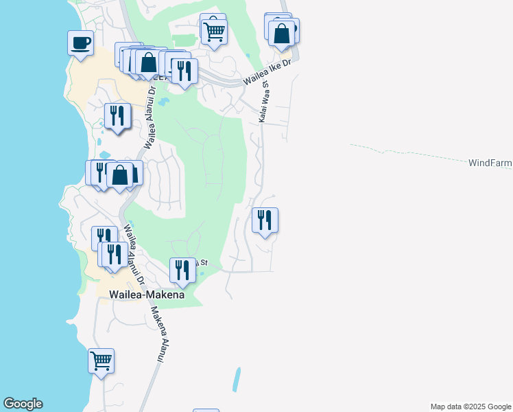 map of restaurants, bars, coffee shops, grocery stores, and more near 11 Halapa Place in Kihei