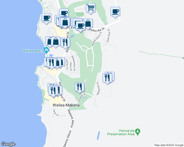 map of restaurants, bars, coffee shops, grocery stores, and more near 3981 Wailea Ekolu Place in Kihei